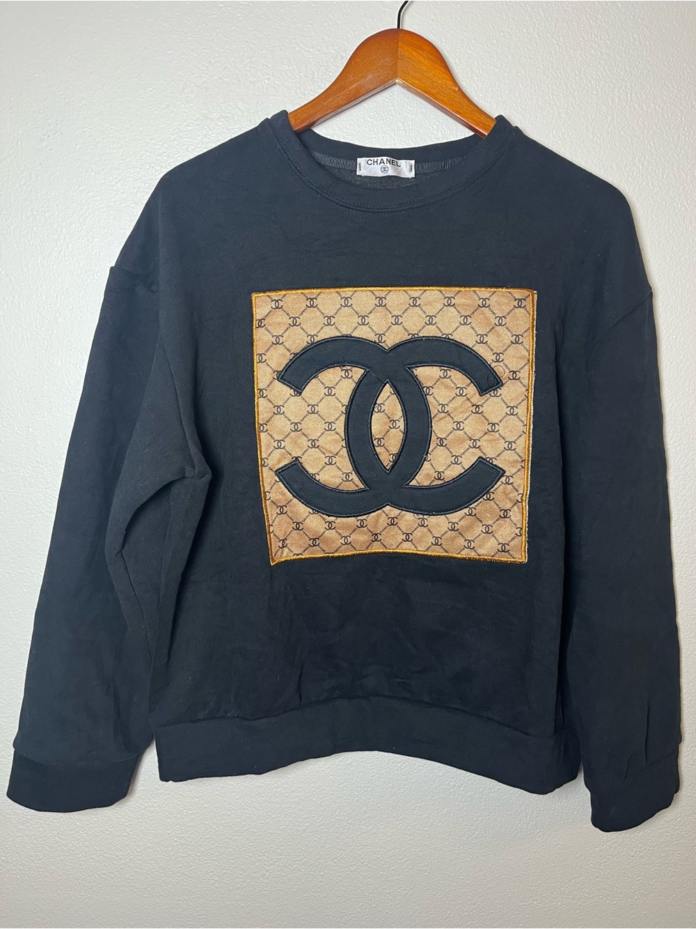 Black CC Crewneck Sweatshirt with Tan Logo Panel